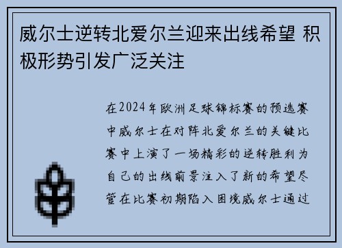 威尔士逆转北爱尔兰迎来出线希望 积极形势引发广泛关注