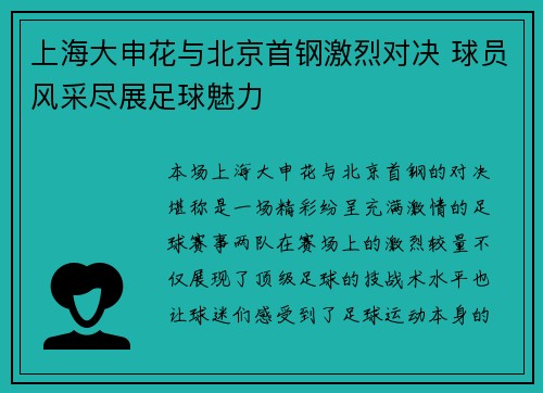 上海大申花与北京首钢激烈对决 球员风采尽展足球魅力