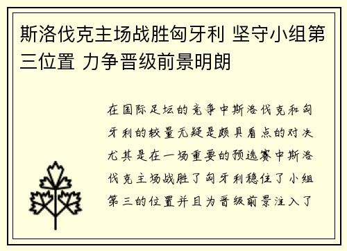 斯洛伐克主场战胜匈牙利 坚守小组第三位置 力争晋级前景明朗