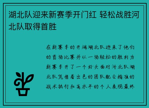 湖北队迎来新赛季开门红 轻松战胜河北队取得首胜