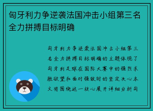 匈牙利力争逆袭法国冲击小组第三名全力拼搏目标明确