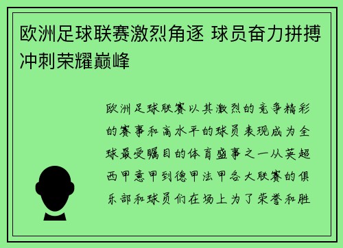 欧洲足球联赛激烈角逐 球员奋力拼搏冲刺荣耀巅峰