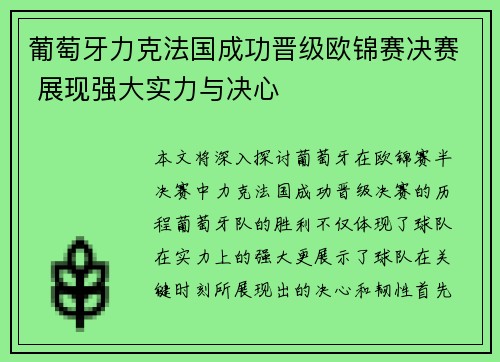 葡萄牙力克法国成功晋级欧锦赛决赛 展现强大实力与决心