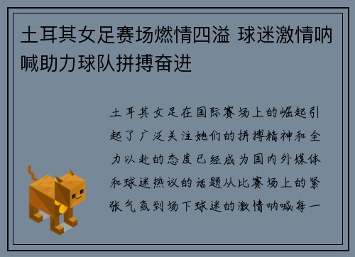 土耳其女足赛场燃情四溢 球迷激情呐喊助力球队拼搏奋进