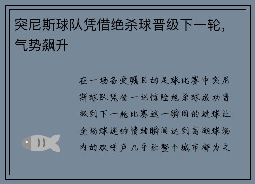 突尼斯球队凭借绝杀球晋级下一轮，气势飙升