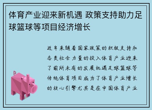 体育产业迎来新机遇 政策支持助力足球篮球等项目经济增长