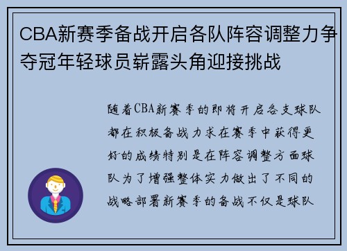CBA新赛季备战开启各队阵容调整力争夺冠年轻球员崭露头角迎接挑战
